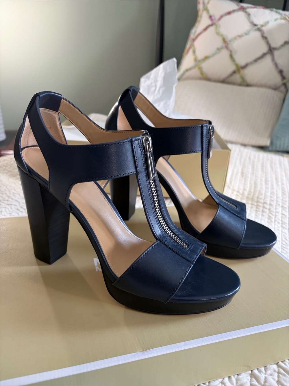 Michael Kors Navy Leather Zip-Front Platform Heels